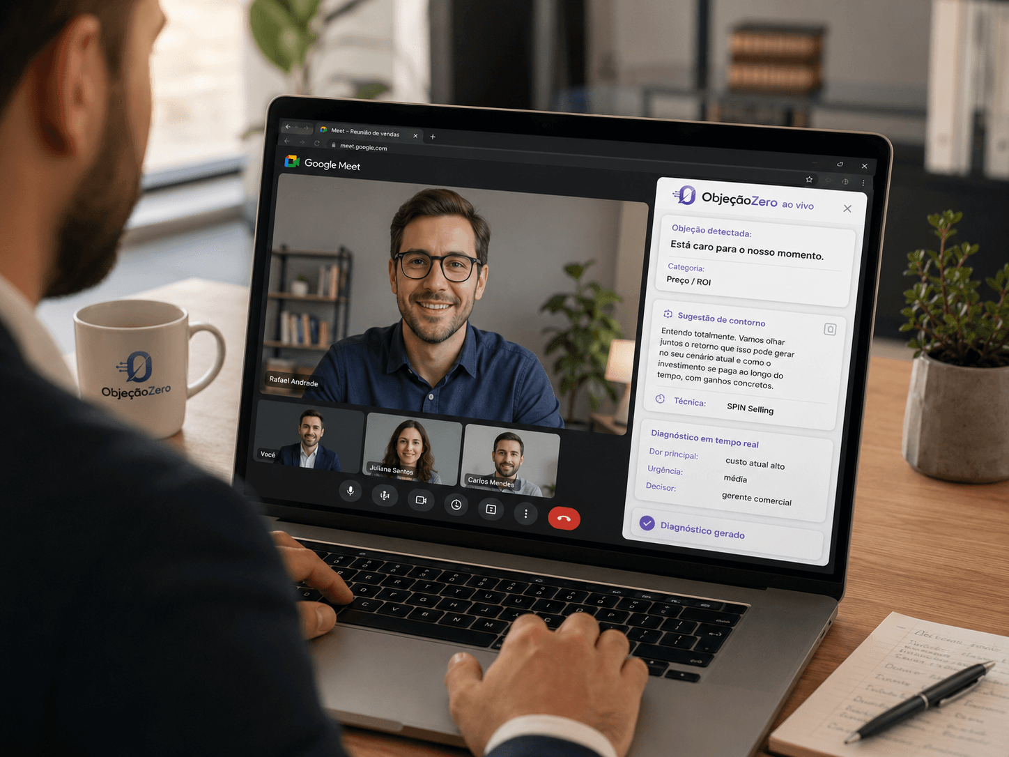 ObjeçãoZero em uma reunião do Google Meet com painel lateral mostrando objeção detectada